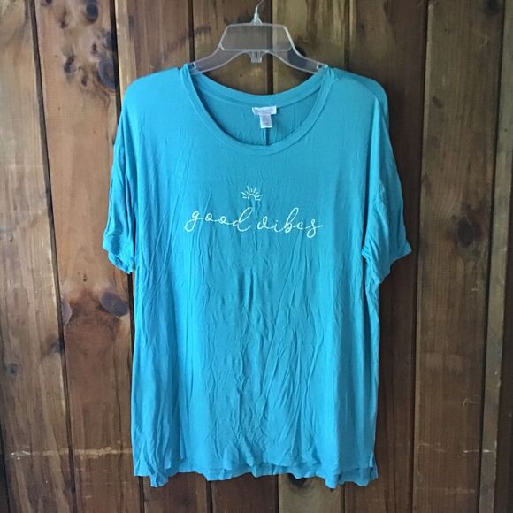 Ambrielle T Shirt Sz L Teal Green Lightweight Good Vibes Graphic Inspiration - Picture 1 of 6
